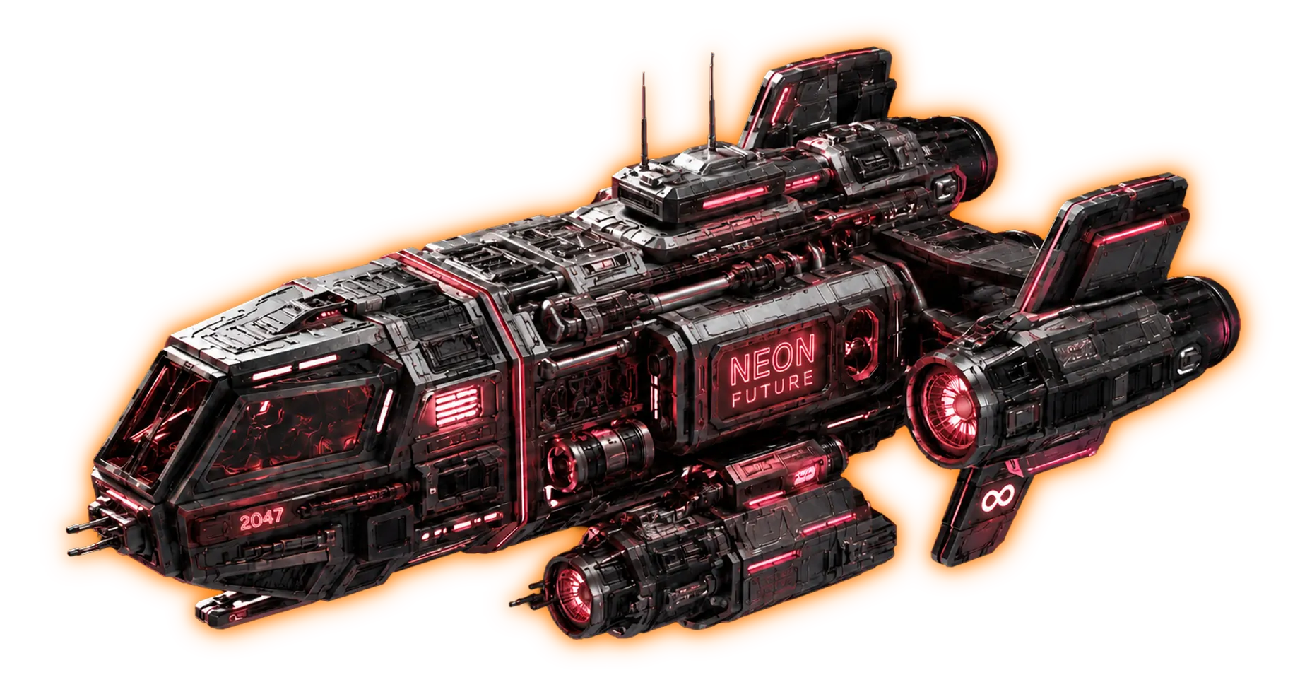 A neon-lit spaceship broken down into separately animatable parts