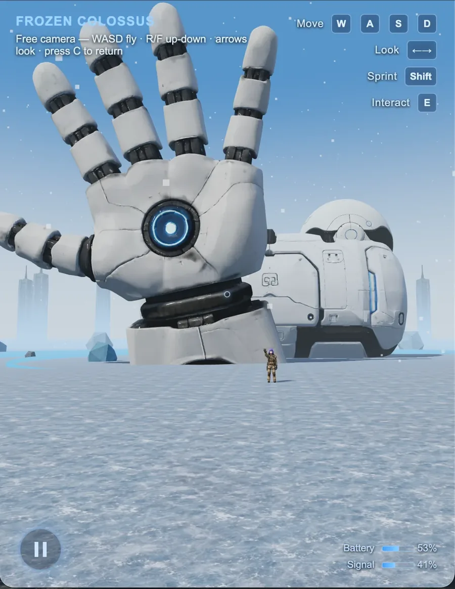 Frozen Colossus — a colossal white robotic hand rising from an icy plain
