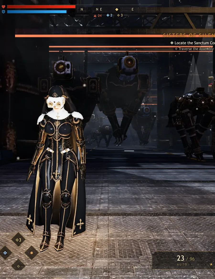 Sisters of Silence — an armoured nun facing a hall of dormant mechs